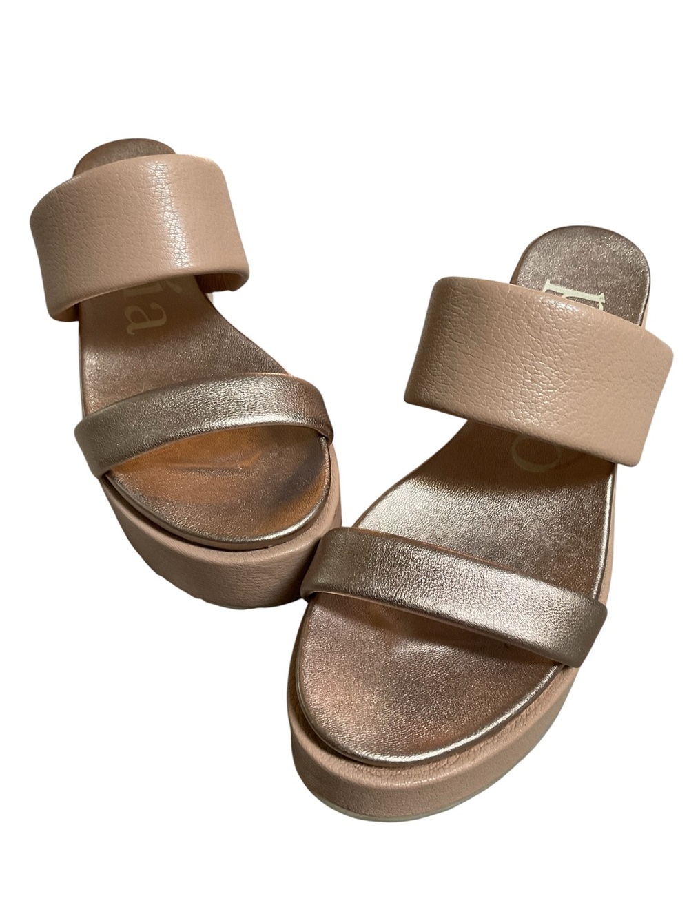 Pedro Garcia Beige Platform Slide Sandals with Metallic Strap